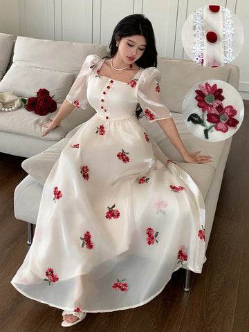 Modelyn Square Neck Embroidered Ditsy Floral Ruched Waist Puff Sleeve Slim Fit Dress