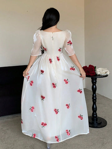 Modelyn Square Neck Embroidered Ditsy Floral Ruched Waist Puff Sleeve Slim Fit Dress