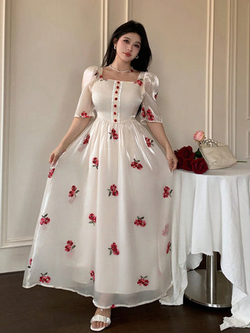 Modelyn Square Neck Embroidered Ditsy Floral Ruched Waist Puff Sleeve Slim Fit Dress