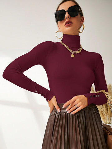 Modelyn High Neck Button Detail Ribbed Knit Sweater