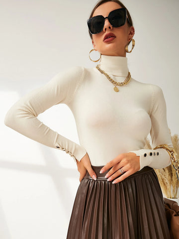 Modelyn High Neck Button Detail Ribbed Knit Sweater