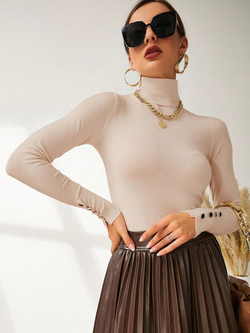 Modelyn High Neck Button Detail Ribbed Knit Sweater