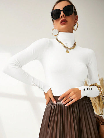 Modelyn High Neck Button Detail Ribbed Knit Sweater