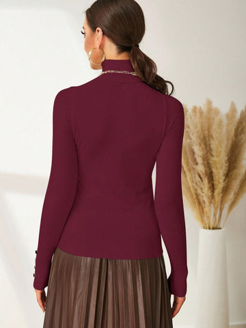 Modelyn High Neck Button Detail Ribbed Knit Sweater