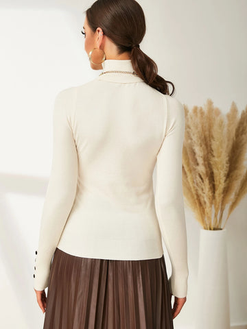 Modelyn High Neck Button Detail Ribbed Knit Sweater