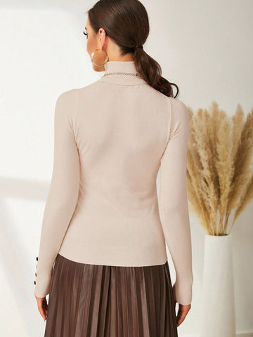 Modelyn High Neck Button Detail Ribbed Knit Sweater