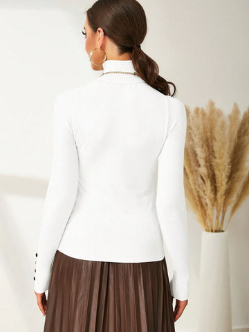 Modelyn High Neck Button Detail Ribbed Knit Sweater