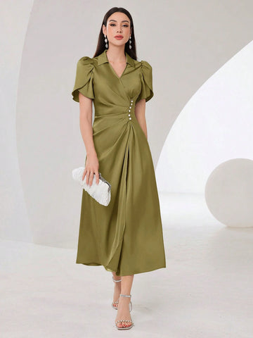 Women'S Petal Short Sleeve Pleated Dress