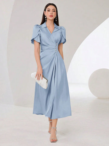 Women'S Petal Short Sleeve Pleated Dress