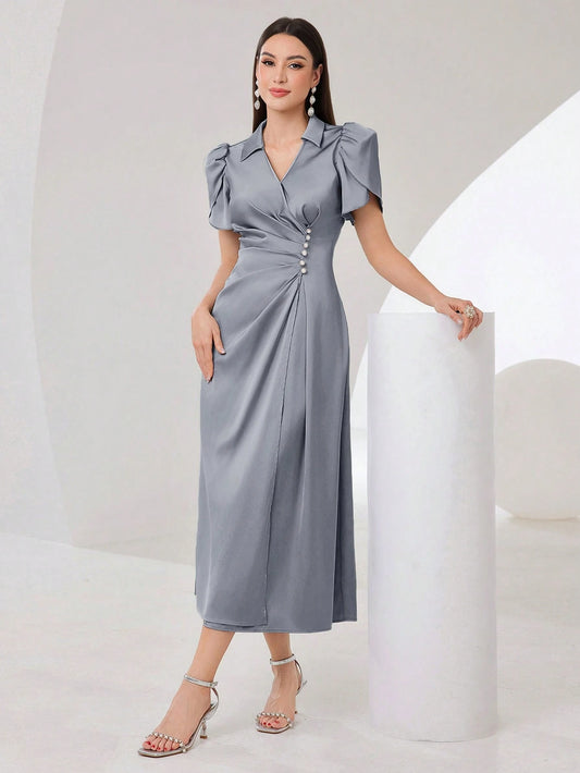 Women'S Petal Short Sleeve Pleated Dress