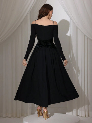 Modelyn Women Elegant Floral Decor Waist Cinched Long Dress