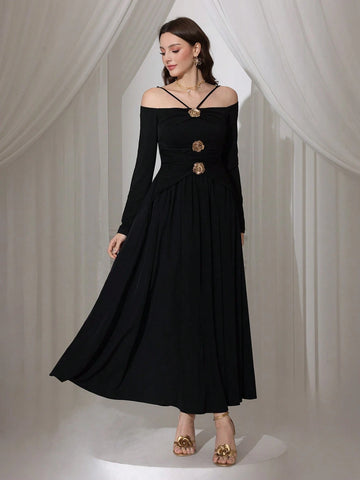 Modelyn Women Elegant Floral Decor Waist Cinched Long Dress