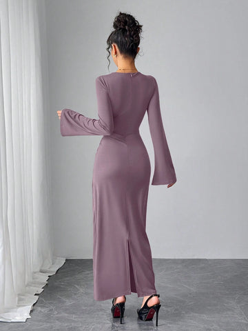 Women's Solid Color Flared Sleeve Pleated Fitted Elegant Dress