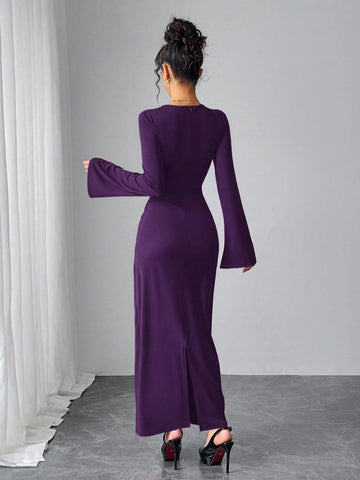 Women's Solid Color Flared Sleeve Pleated Fitted Elegant Dress