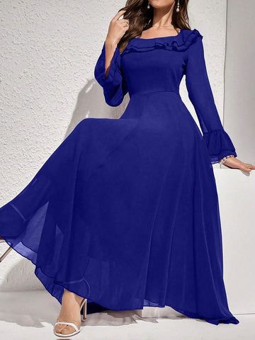 Modelyn Women Elegant Solid Color Flare Sleeve Ruffle Hem Dress