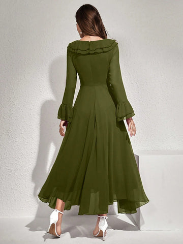 Modelyn Women Elegant Solid Color Flare Sleeve Ruffle Hem Dress
