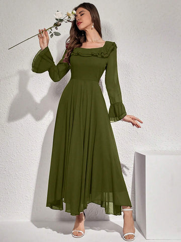 Modelyn Women Elegant Solid Color Flare Sleeve Ruffle Hem Dress