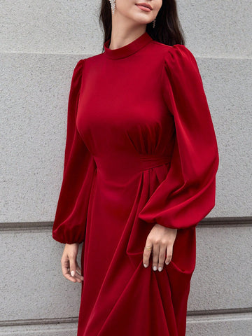 Modelyn Women's Elegant Simpli City Solid Color Stand Collar Lantern Sleeve Backless Dress