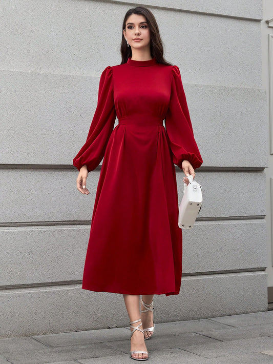 Modelyn Women's Elegant Simpli City Solid Color Stand Collar Lantern Sleeve Backless Dress