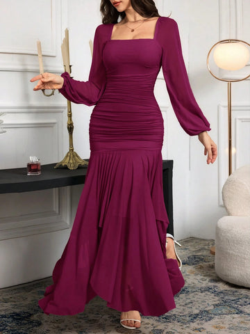 Modelyn Women Long Sleeve Solid Color Long Dress