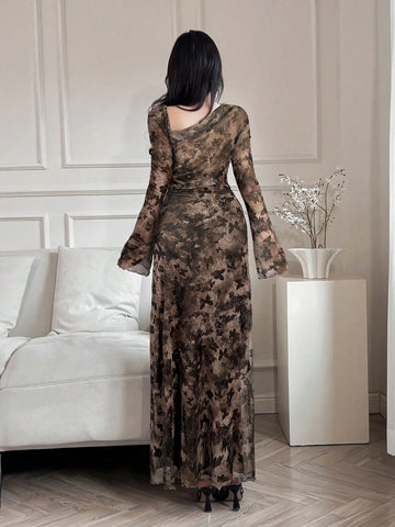 Women Floral Print Asymmetric Neckline Ruffle Elegant Dress