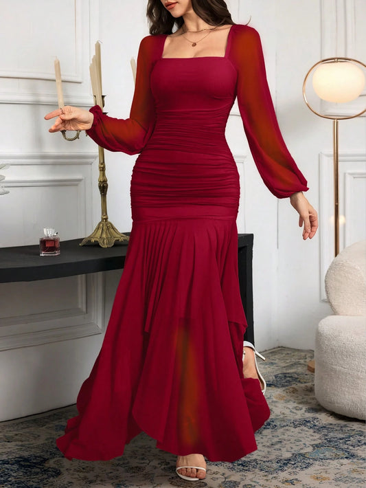 Modelyn Women Long Sleeve Solid Color Long Dress
