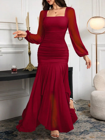 Modelyn Women Long Sleeve Solid Color Long Dress