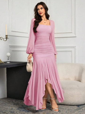 Modelyn Women Long Sleeve Solid Color Long Dress