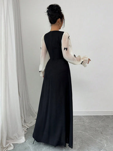 Women Mixed Fabric Bowknot Decor 3D Floral Cinched Waist Woven Dress