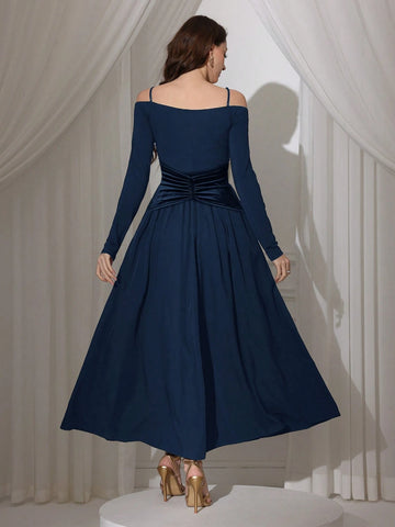 Modelyn Women Elegant Floral Decor Waist Cinched Long Dress