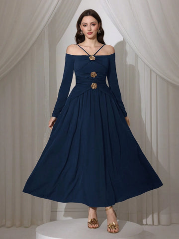 Modelyn Women Elegant Floral Decor Waist Cinched Long Dress