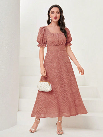 Modelyn Square Neck Puff Sleeve Mesh Overlay Dress Long