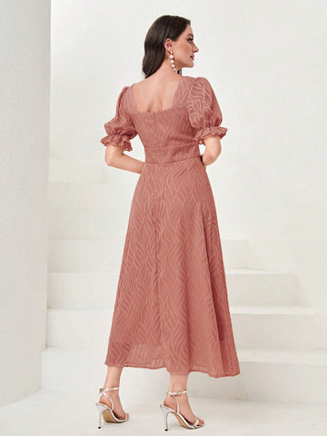 Modelyn Square Neck Puff Sleeve Mesh Overlay Dress Long