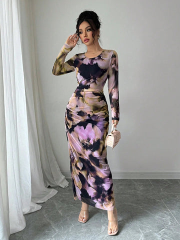 Modelyn Women Tie Dye Gradient Print Mesh Panel Ruched Waist Fishtail Hem Elegant Long Dress