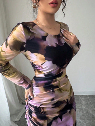 Modelyn Women Tie Dye Gradient Print Mesh Panel Ruched Waist Fishtail Hem Elegant Long Dress