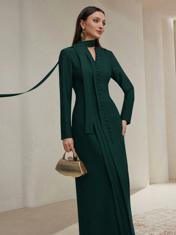 Women's Solid Color Front Button Closure Minimalist Long Sleeve Maxi Abaya Dress