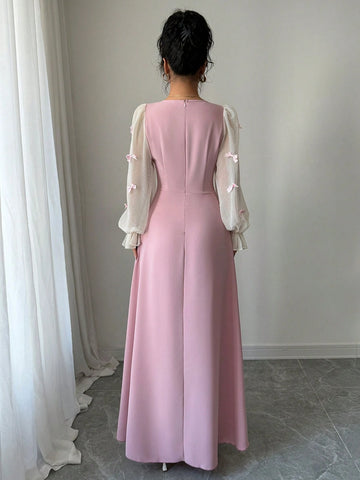 Women Mixed Fabric Bowknot Decor 3D Floral Cinched Waist Woven Dress