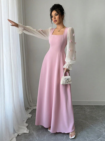 Women Mixed Fabric Bowknot Decor 3D Floral Cinched Waist Woven Dress