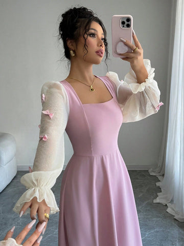 Women Mixed Fabric Bowknot Decor 3D Floral Cinched Waist Woven Dress