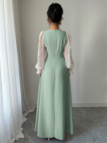 Women Mixed Fabric Bowknot Decor 3D Floral Cinched Waist Woven Dress