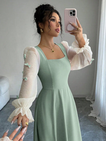 Women Mixed Fabric Bowknot Decor 3D Floral Cinched Waist Woven Dress