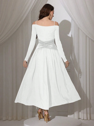 Modelyn Women Elegant Floral Decor Waist Cinched Long Dress