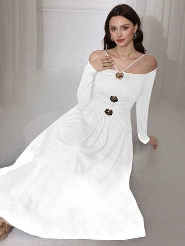 Modelyn Women Elegant Floral Decor Waist Cinched Long Dress