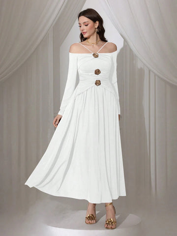 Modelyn Women Elegant Floral Decor Waist Cinched Long Dress