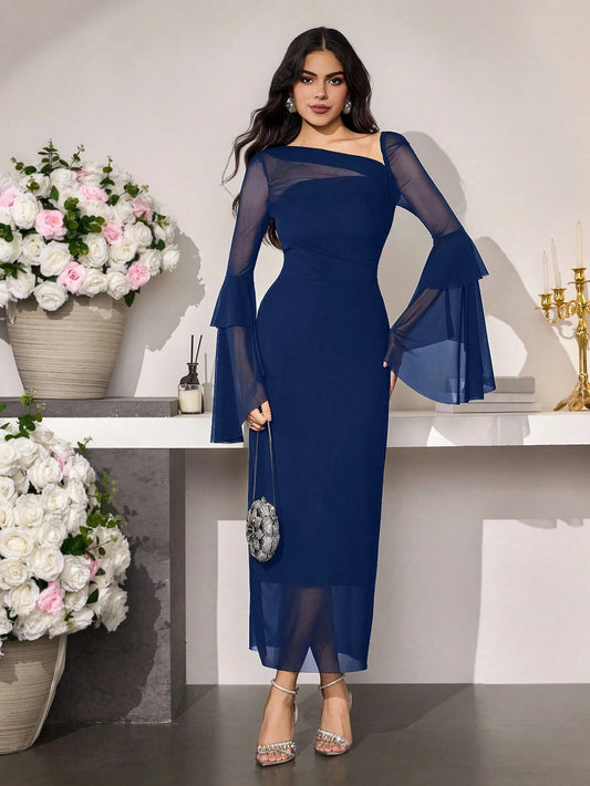 Women's Fashion Elegant Asymmetric Collar Flare Sleeve Fitted Long Dress