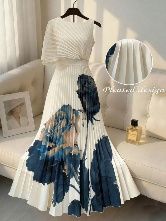 Women's Elegant Round Neck Ruffle Waist Placement Print Dress