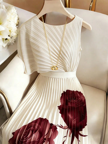 Women's Elegant Round Neck Ruffle Waist Placement Print Dress