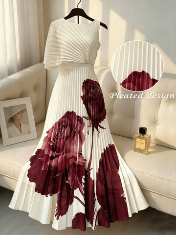 Women's Elegant Round Neck Ruffle Waist Placement Print Dress