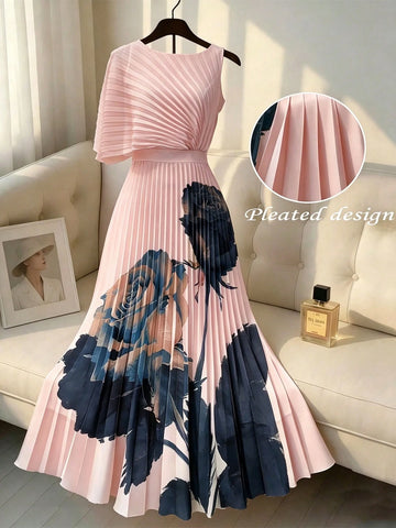 Women's Elegant Round Neck Ruffle Waist Placement Print Dress