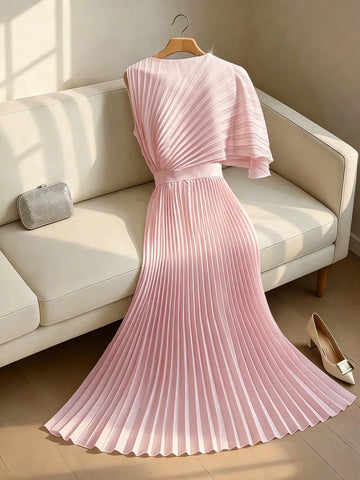 Women's Elegant Round Neck Ruffle Waist Placement Print Dress